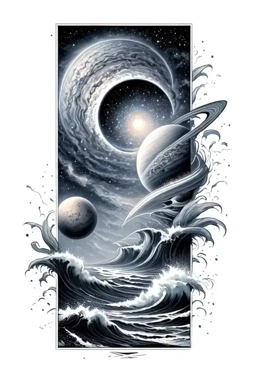 Spiral galaxy, planets, and stormy ocean in dark black & grey sleeve, smooth cosmic-to-sea blend. tattoo design idea