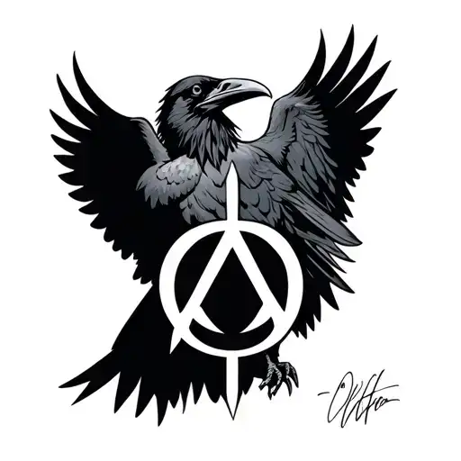 raven with alpha omega symbol tattoo design idea