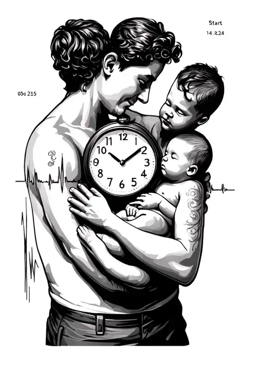 Father holding new born baby boyHeart beat start date 06/12/2024 end date 14/12/2024 mechanical clock showing time 03:35 tattoo design idea