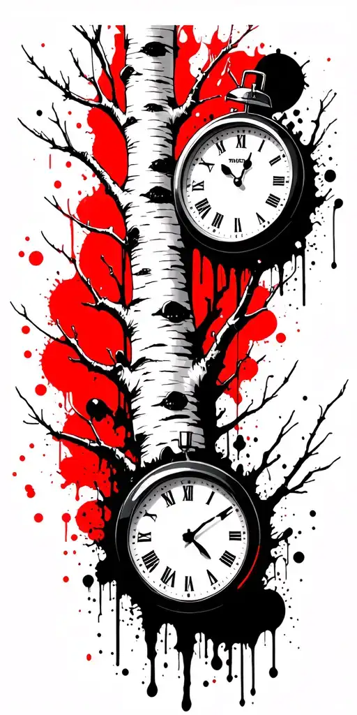 birch tree white branches and at least three clocks tattoo design idea