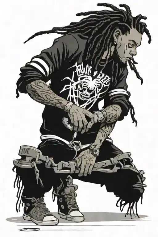 Black guy with hightop dreads, Big shoes, skinny jeans, with a black shirt he is 5,9 300 lbs with a unproportioned build tattoo design idea