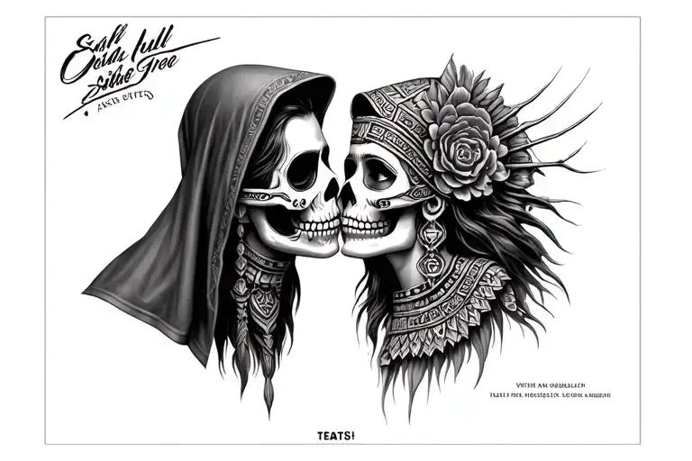 sugar skull grim reape in hood with sithe, kissing aztec godess full tattoo design idea