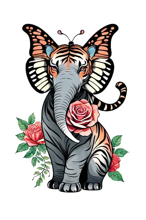 rose tiger butterfly elephant tattoo design idea