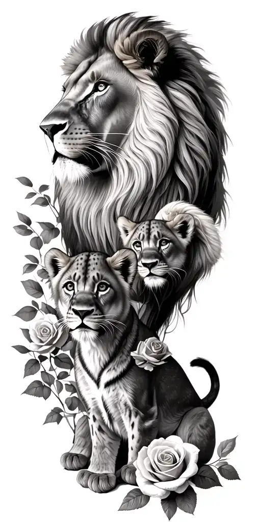 lion family father looking over mother and 2 cubs intertwined with roses tattoo design idea
