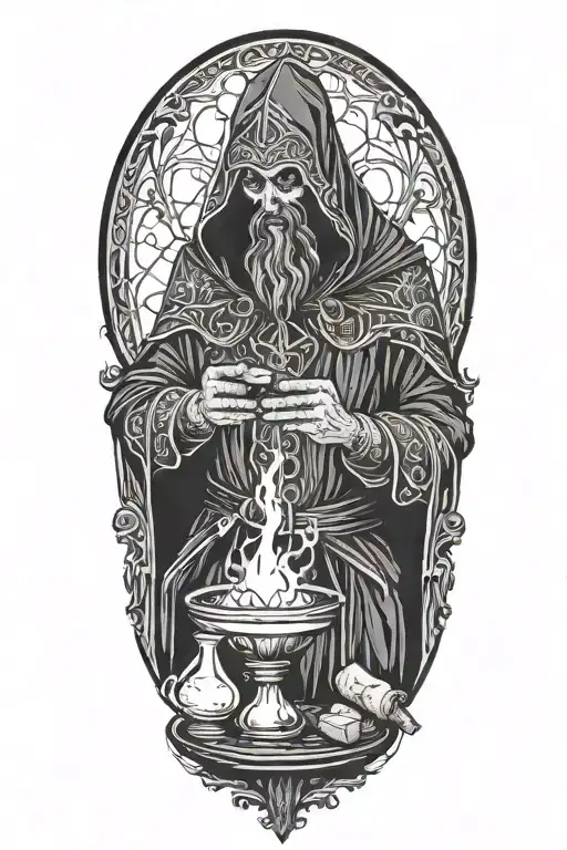 Hodded alchemist performing ritual, tarot cards, beakers, candles tattoo design idea