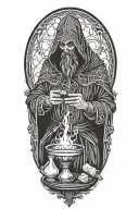 Hodded alchemist performing ritual, tarot cards, beakers, candles tattoo design idea