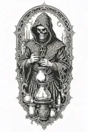 Hodded alchemist performing ritual, tarot cards, beakers, candles tattoo design idea