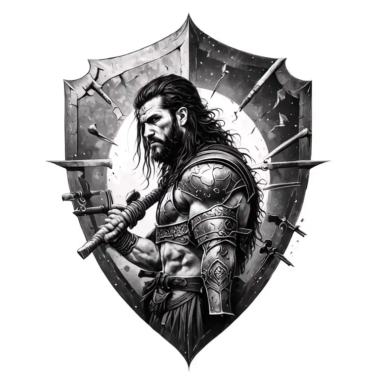 black and white color, Battle ready Spartin Warrior tattoo design idea