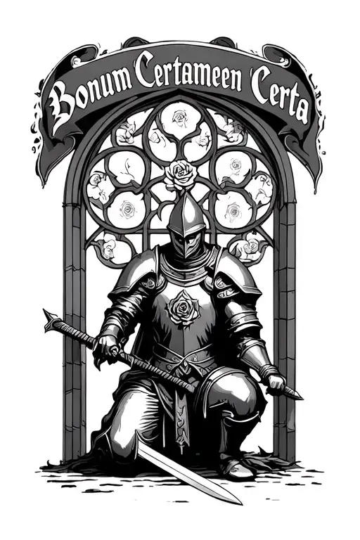 "Bonum Certamen Certa" Knight kneeling down one knee with sword front view, gothic rose window in tha background, and the text  tattoo design idea