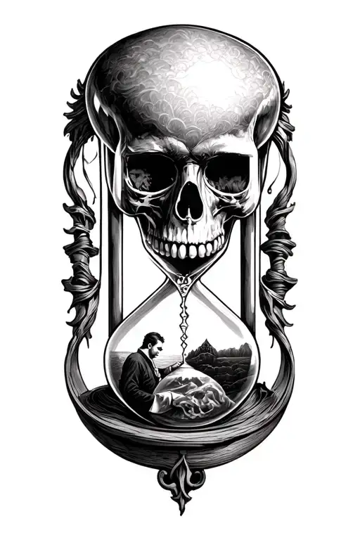 skull, hourglass with a man inside it.  tattoo design idea
