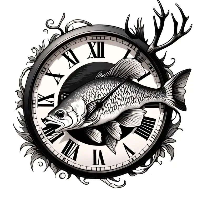 fish deer and clock face tattoo design idea