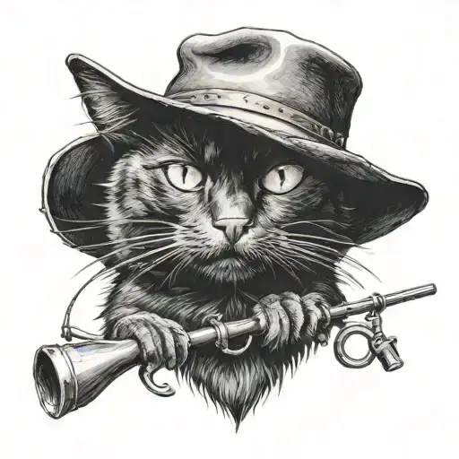 black cat with a cowboy hat on with a fishing rod behind it tattoo design idea