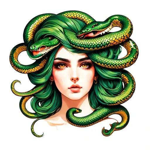Prett faced lady with green and gold snakes for hair tattoo design idea