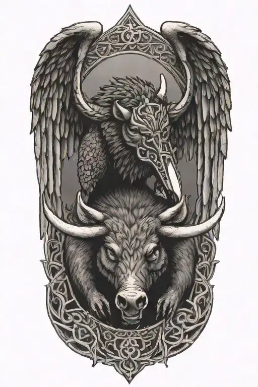 boar with the st michael sword and wings with a celtic trinity knot background tattoo design idea