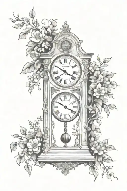 grandfather clock surrounded by vines and flowers tattoo design idea