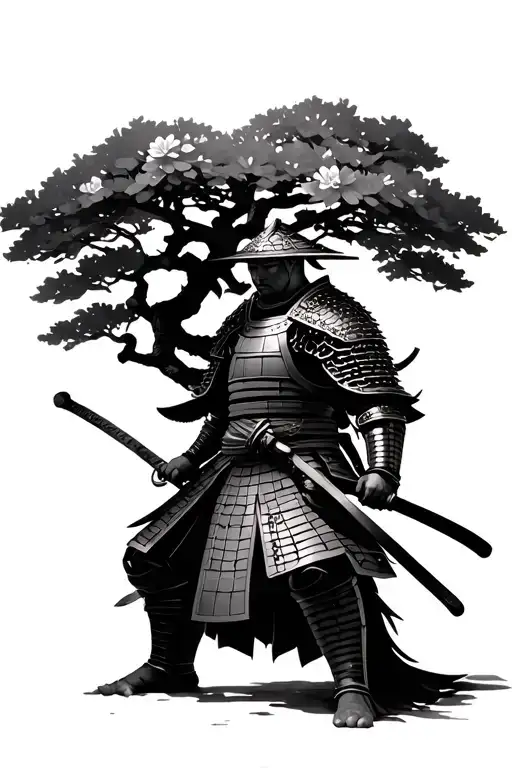 samurai full body hara kiri in armor sakura tree tattoo design idea