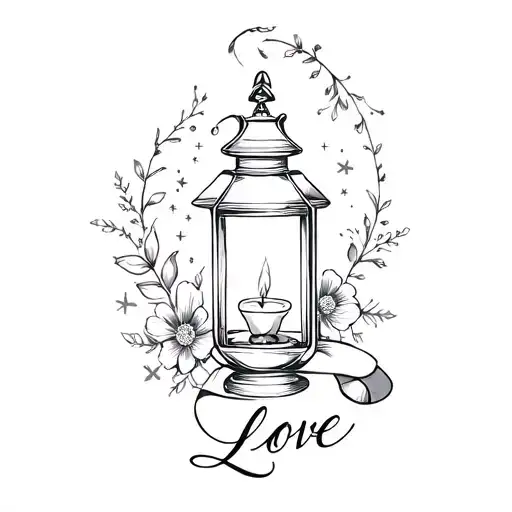 vintage lantern with ribbon/trail of the word love in cursive. sparkles around too. floral ring. candle inside lantern. tattoo design idea