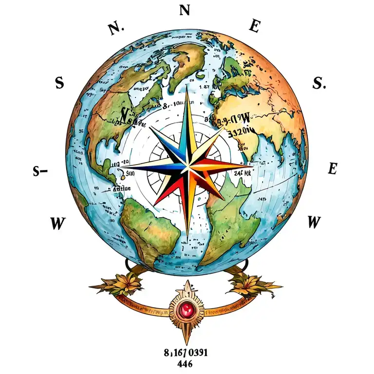 earth globe, a star 3D compass with N, S, E, W, Latitude 39.103118°N, Longitude 84.512020°W, and my birthdate 8/16/1961 tattoo design idea