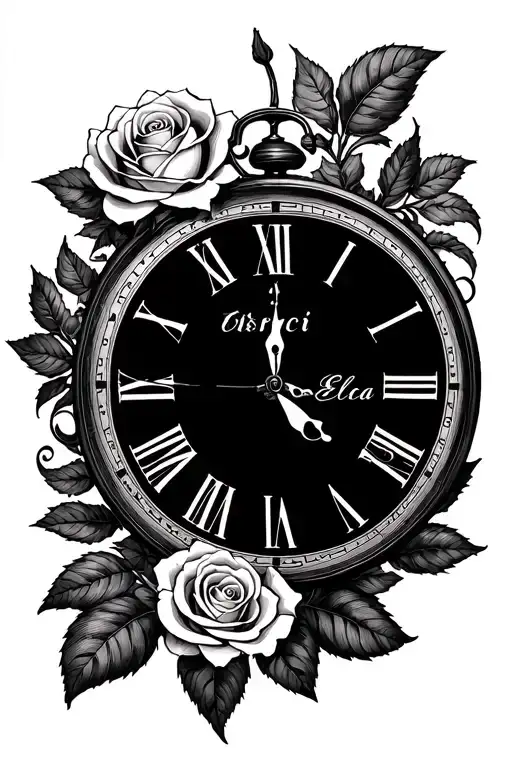 a clock,3 names incorporated (chicchi,rita,luca) a rose and another name on the chest (nerio and elda) tattoo design idea