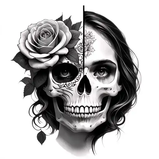 Woman with half of the skull and roses face tattoo design idea