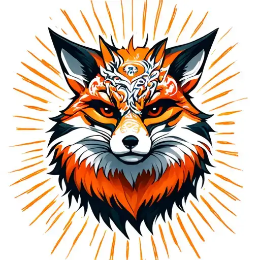 fox wearing okami mask with sun rays in background tattoo design idea