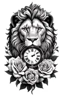 roses lion and clock tattoo design idea
