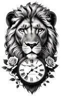 roses lion and clock tattoo design idea