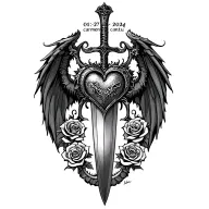 "01-27-2024" heart shaped dagger with dragon wings  and roses on sides with the name carmen cantu above in calligraphy lettering and  tattoo design idea