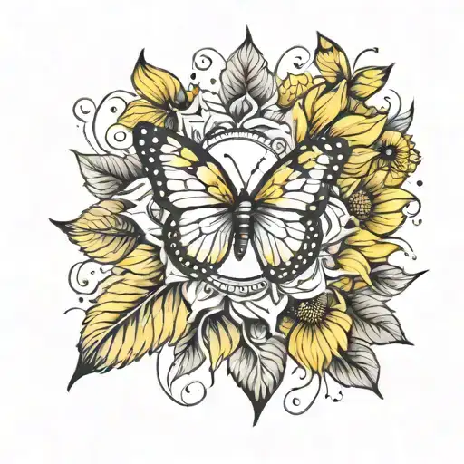 dog paw print sunflower and yellow butterfly  tattoo design idea