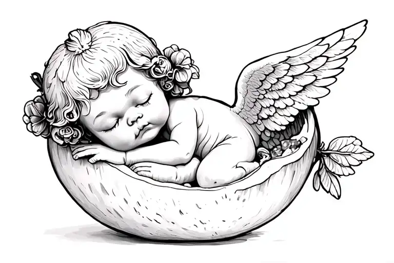 a kewpie doll whit angel wings sleeping inside of an open pomegranate, you can see the seems. hand draw style tattoo design idea