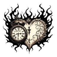 "Mélanie" clock heart in flame tattoo design idea