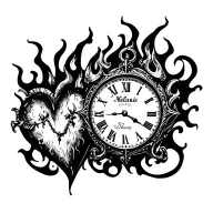 "Mélanie" clock heart in flame tattoo design idea