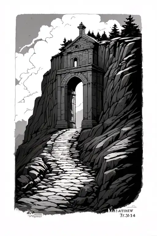 Matthew 7:13-14: narrow cliff leading to narrow gate, representing difficult conscious choices that lead to a godly life tattoo design idea