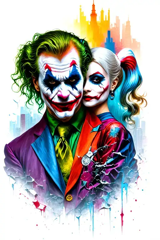 Joker and harley quinn destroyed city tattoo design idea