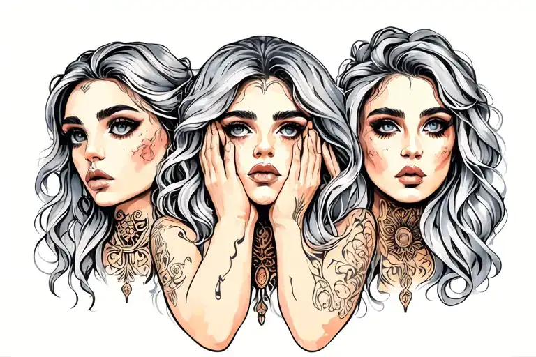 hear no evil speak no evil see no evil women's faces tattoo design idea