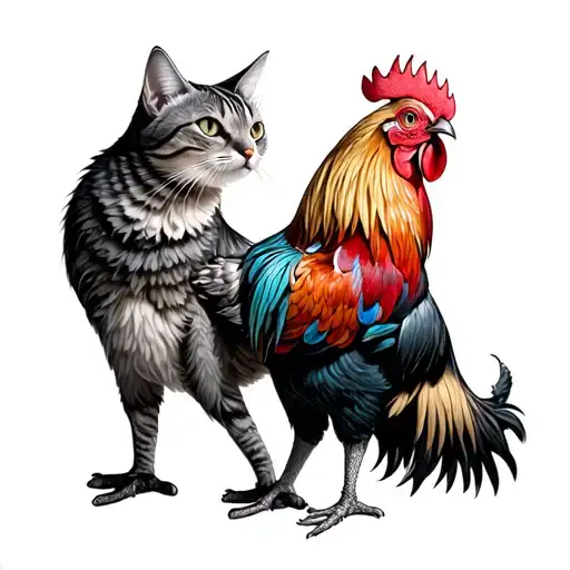 cat and fighting rooster tattoo design idea