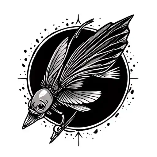 fly fishing inside arrow head surrounded tattoo design idea