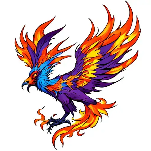 blue and purple pheonix with orange flames back tattoo tattoo design idea