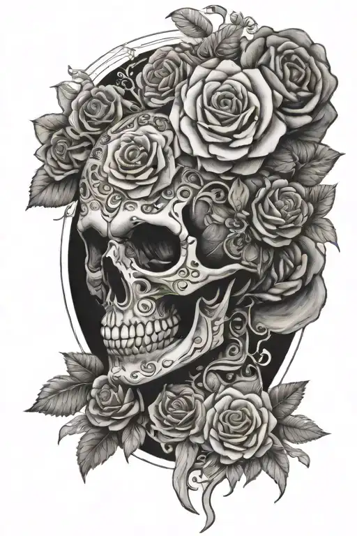 skull, rose, mandala, realism, white highlights, letter T, woman face, owl, lamb, leg sleeve  tattoo design idea