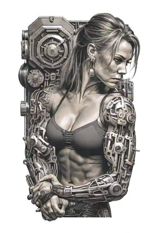 bodybuilder muscular women flexing bicep with technology circuits mechanic merging tattoo design idea