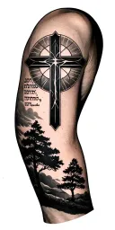 cross on tricep, geometric filler, Hebrew scripture, trees on wrist and forearm tattoo design idea