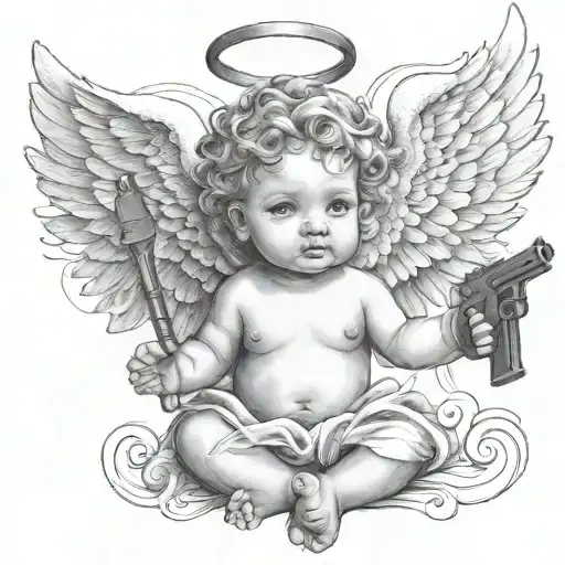 baby angel with 2 smoking guns tattoo design idea