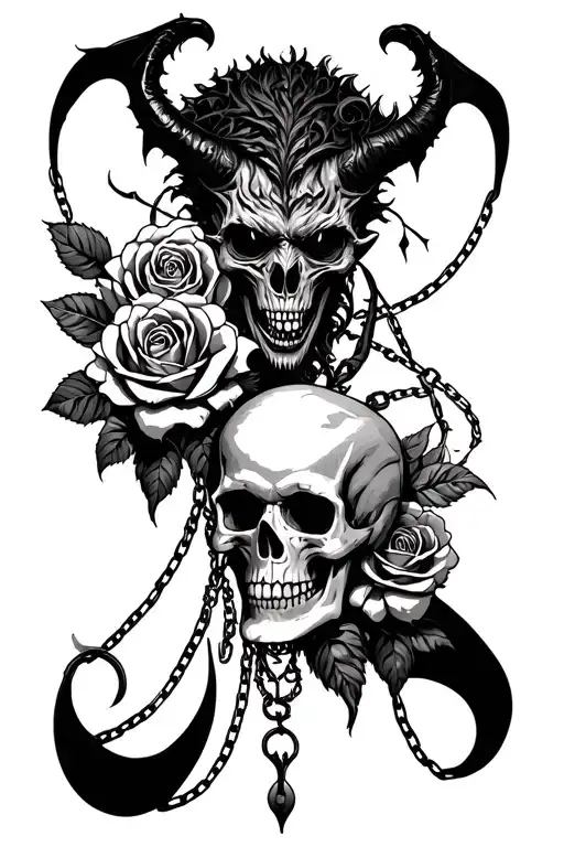 large blackwork old school of a demon and skull, with roses, chains and abstract lines, black and white shading, gothic  tattoo design idea