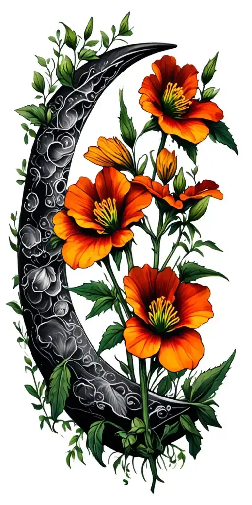 evening primrose, campanula, and balsam in the shape of a crescent moon tattoo design idea