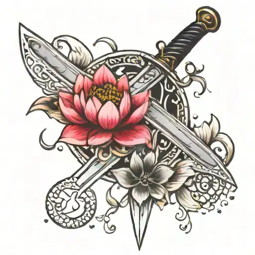 sword decorated with lotus flowers and the moon tattoo design idea