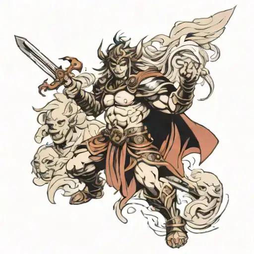 warrior surrounded by wrath of gods tattoo design idea