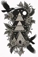 pyramid,trees,roses,crows,moons,waterfalls,snake,stars,eyeball, tattoo design idea