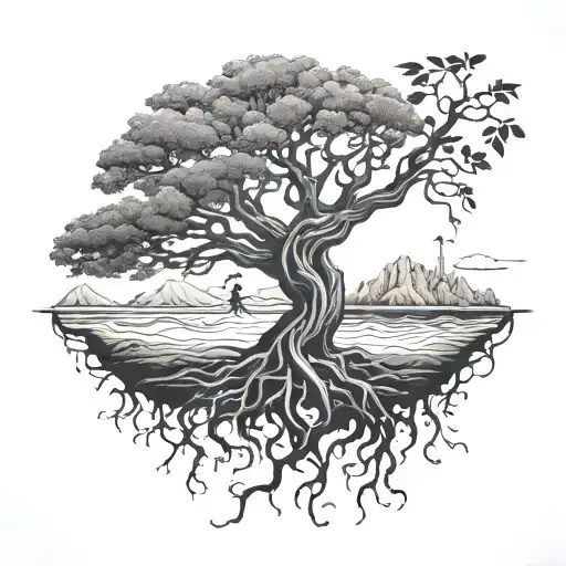 tree with sunbeam roots with trunk in the shape of a meditating woman tattoo design idea