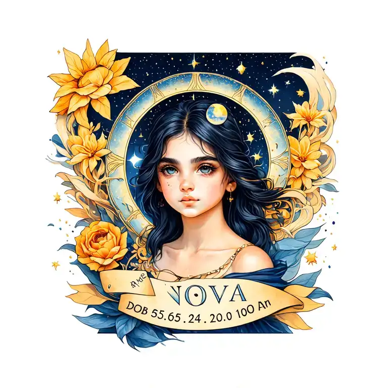 Celestial design including my Daughters name, Nova, her DOB 05.08.24 and time of birth 10.07am tattoo design idea