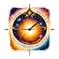 Celestial design including my Daughters name, Nova, her DOB 05.08.24 and time of birth 10.07am tattoo design idea